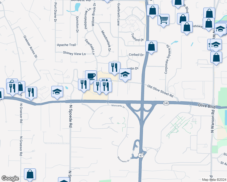 map of restaurants, bars, coffee shops, grocery stores, and more near 10420 Old Olive Street Road in Creve Coeur