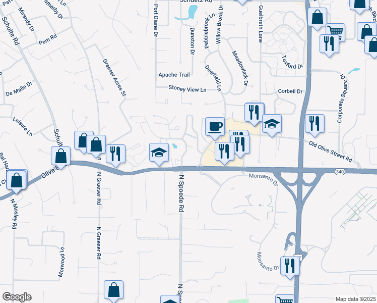 map of restaurants, bars, coffee shops, grocery stores, and more near 932 North Spoede Road in St. Louis