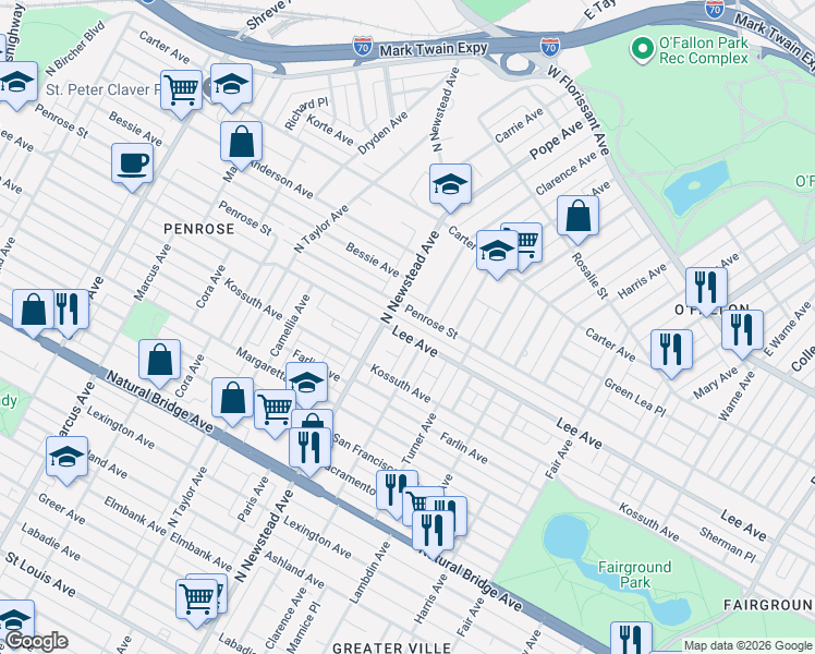 map of restaurants, bars, coffee shops, grocery stores, and more near 4150 North Newstead Avenue in St. Louis