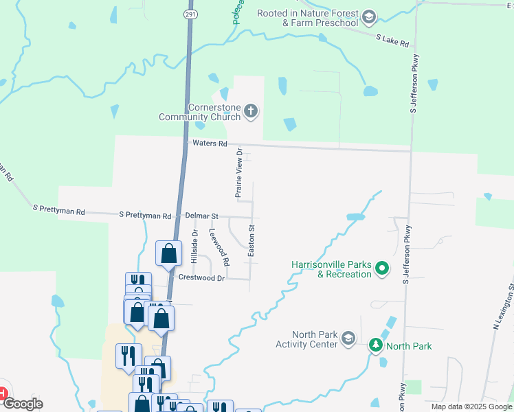 map of restaurants, bars, coffee shops, grocery stores, and more near 2805 Easton Street in Harrisonville