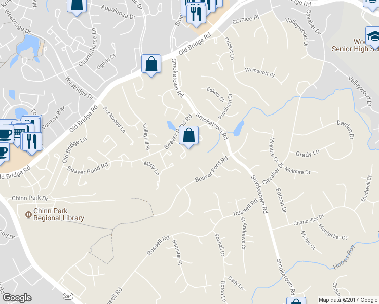 map of restaurants, bars, coffee shops, grocery stores, and more near 3630 Woodhaven Court in Woodbridge