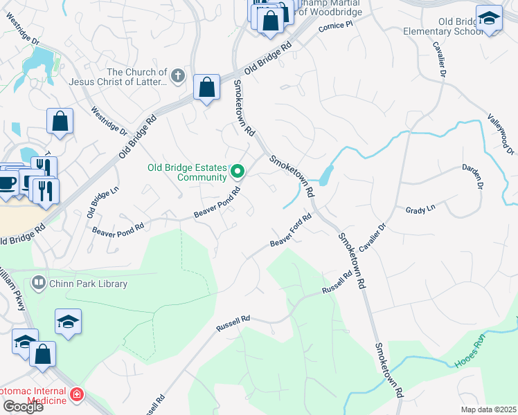 map of restaurants, bars, coffee shops, grocery stores, and more near 3630 Woodhaven Court in Woodbridge