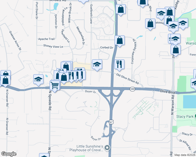 map of restaurants, bars, coffee shops, grocery stores, and more near 935 Gardenview Office Parkway in Creve Coeur