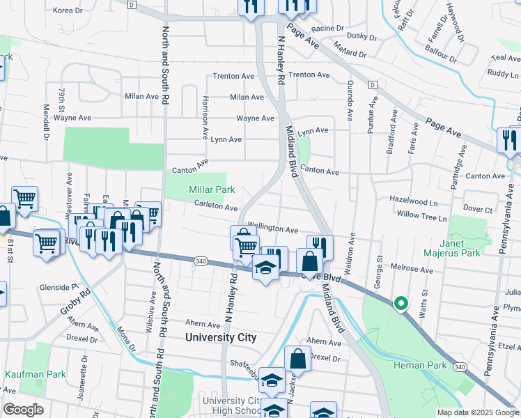 map of restaurants, bars, coffee shops, grocery stores, and more near 7424 Carleton Avenue in University City
