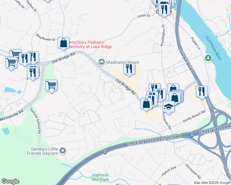 map of restaurants, bars, coffee shops, grocery stores, and more near 1723 Long Shadows Court in Woodbridge