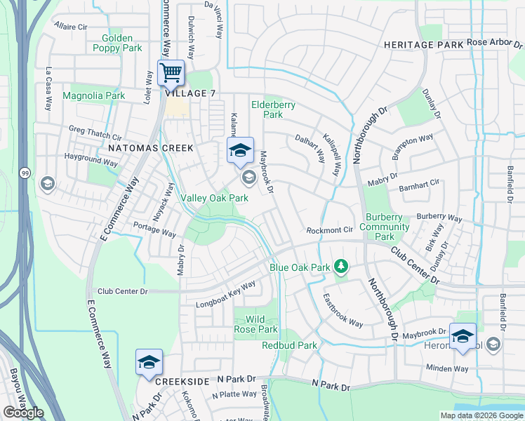 map of restaurants, bars, coffee shops, grocery stores, and more near 2727 Bronco Creek Way in Sacramento