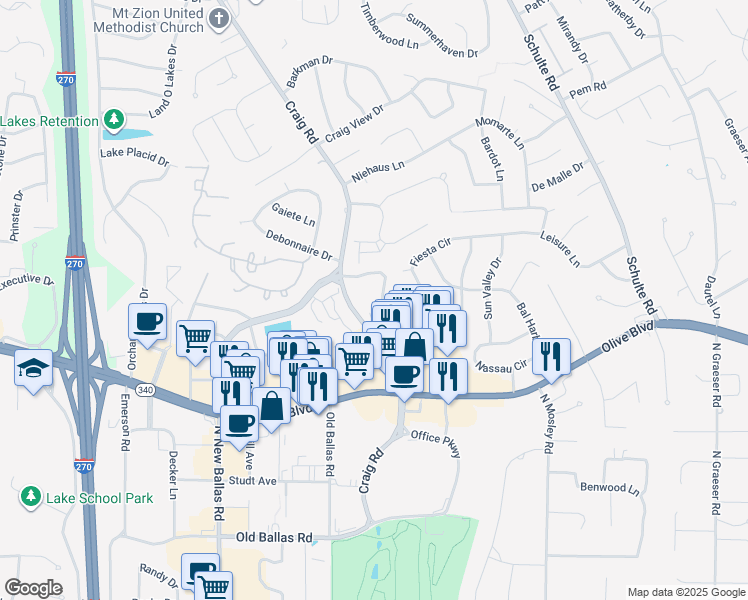 map of restaurants, bars, coffee shops, grocery stores, and more near 1 New Ballas Place in St. Louis