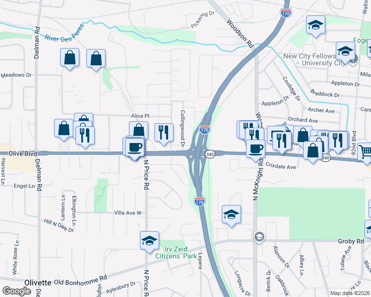 map of restaurants, bars, coffee shops, grocery stores, and more near 9011 Olive Boulevard in Olivette