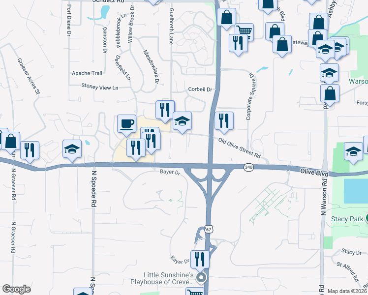 map of restaurants, bars, coffee shops, grocery stores, and more near 935 Gardenview Office Parkway in Creve Coeur