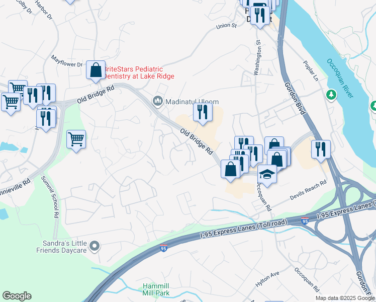 map of restaurants, bars, coffee shops, grocery stores, and more near 1715 Shady River Court in Woodbridge