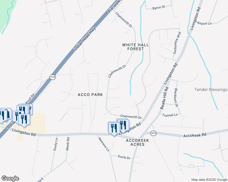 map of restaurants, bars, coffee shops, grocery stores, and more near 605 Hathaway Court in Accokeek