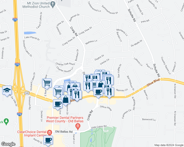 map of restaurants, bars, coffee shops, grocery stores, and more near 1018 Craig Road in St. Louis