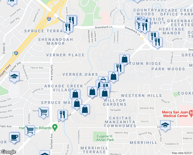 map of restaurants, bars, coffee shops, grocery stores, and more near 5940 Rosebud Lane in Sacramento