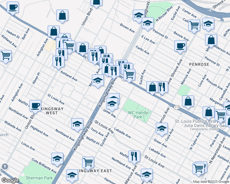 map of restaurants, bars, coffee shops, grocery stores, and more near 3347 Aubert Avenue in St. Louis