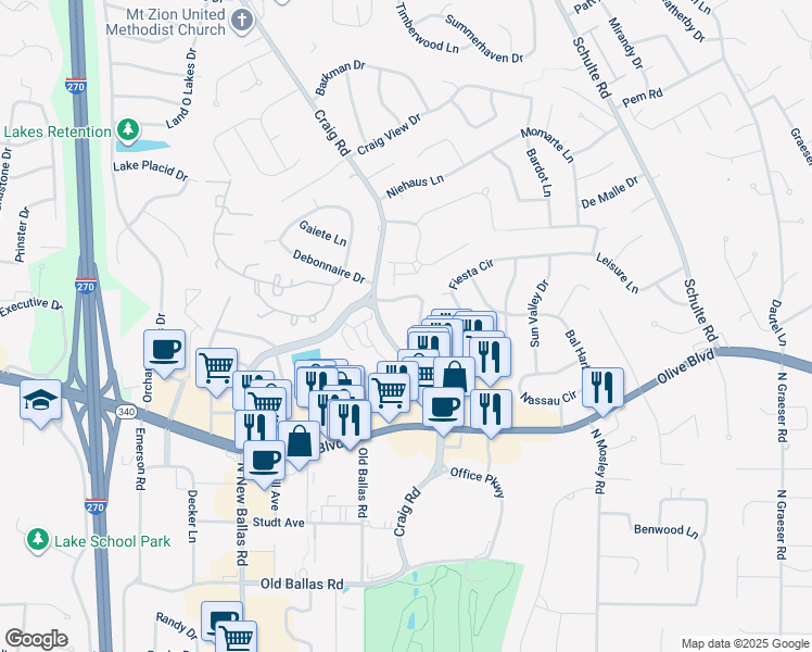 map of restaurants, bars, coffee shops, grocery stores, and more near 1 New Ballas Place in St. Louis