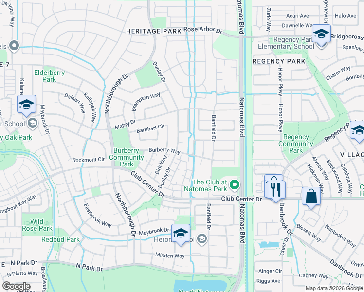 map of restaurants, bars, coffee shops, grocery stores, and more near 5413 Dunlay Drive in Sacramento