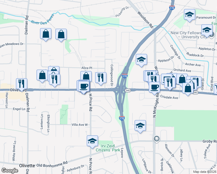 map of restaurants, bars, coffee shops, grocery stores, and more near 9111 Olive Boulevard in St. Louis