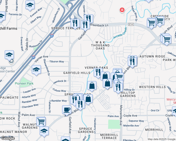 map of restaurants, bars, coffee shops, grocery stores, and more near 5648 Verner Oak Court in Sacramento