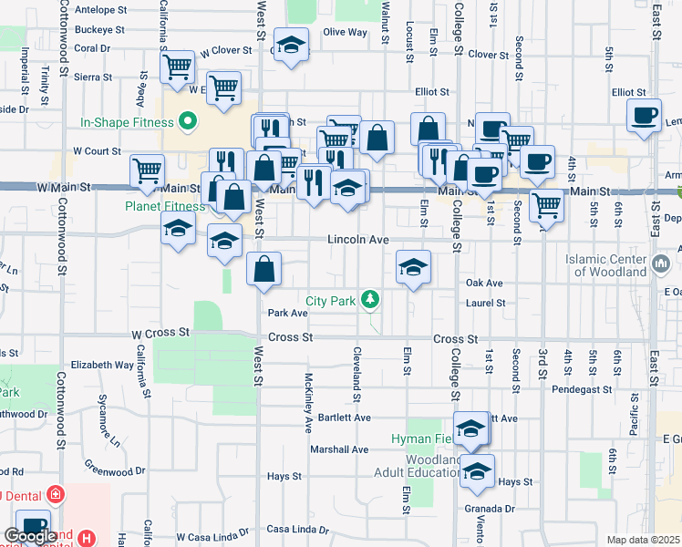 map of restaurants, bars, coffee shops, grocery stores, and more near 542 Saunders Way in Woodland