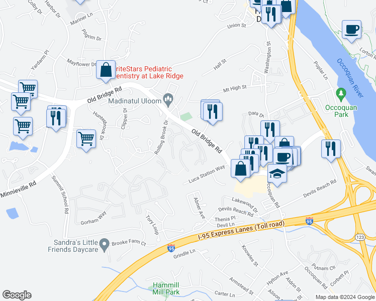 map of restaurants, bars, coffee shops, grocery stores, and more near 1681 Long Shadows Court in Woodbridge