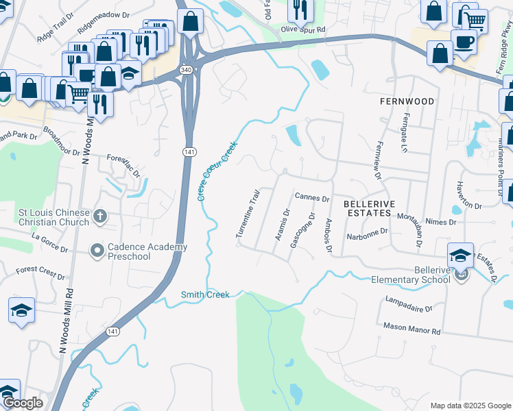 map of restaurants, bars, coffee shops, grocery stores, and more near 744 Turrentine Trail in Creve Coeur