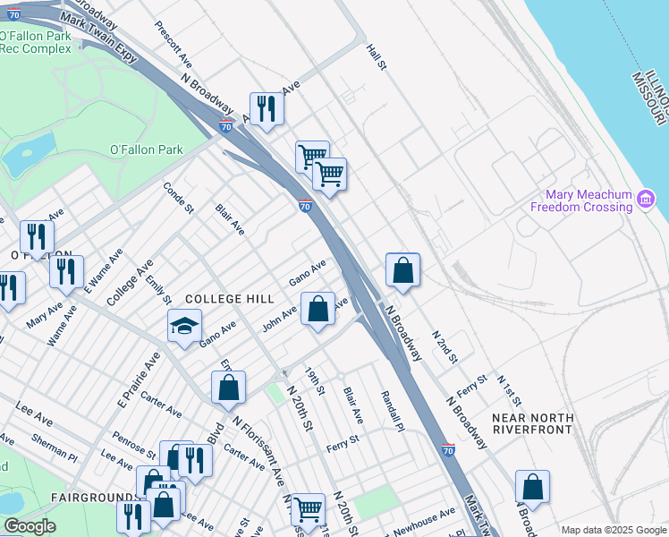 map of restaurants, bars, coffee shops, grocery stores, and more near 1100 Gano Avenue in St. Louis