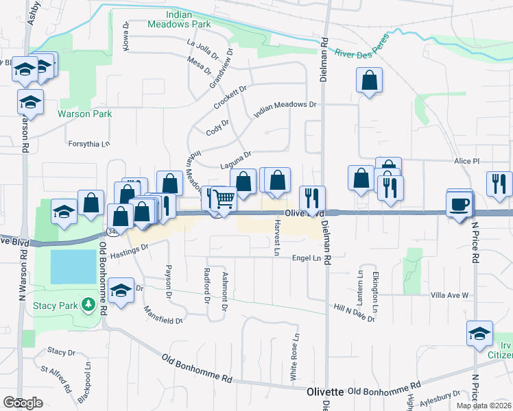 map of restaurants, bars, coffee shops, grocery stores, and more near 9473 Olive Boulevard in Olivette