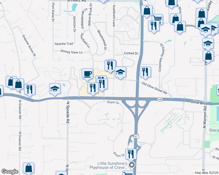 map of restaurants, bars, coffee shops, grocery stores, and more near 10420 Old Olive Street Road in Creve Coeur