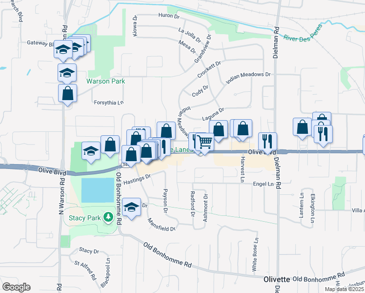 map of restaurants, bars, coffee shops, grocery stores, and more near 1102 Indian Circle Drive in Olivette