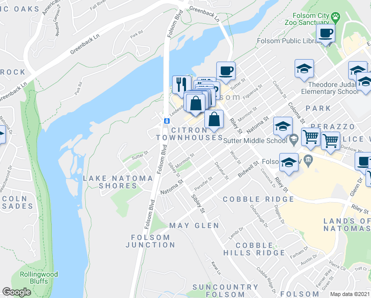map of restaurants, bars, coffee shops, grocery stores, and more near 405 Reading Street in Folsom