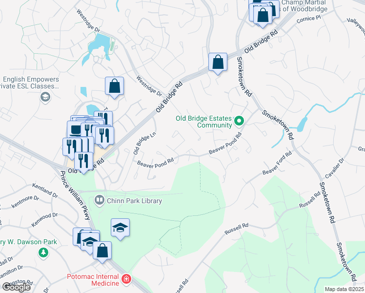map of restaurants, bars, coffee shops, grocery stores, and more near 3969 Sunny Brook Court in Woodbridge