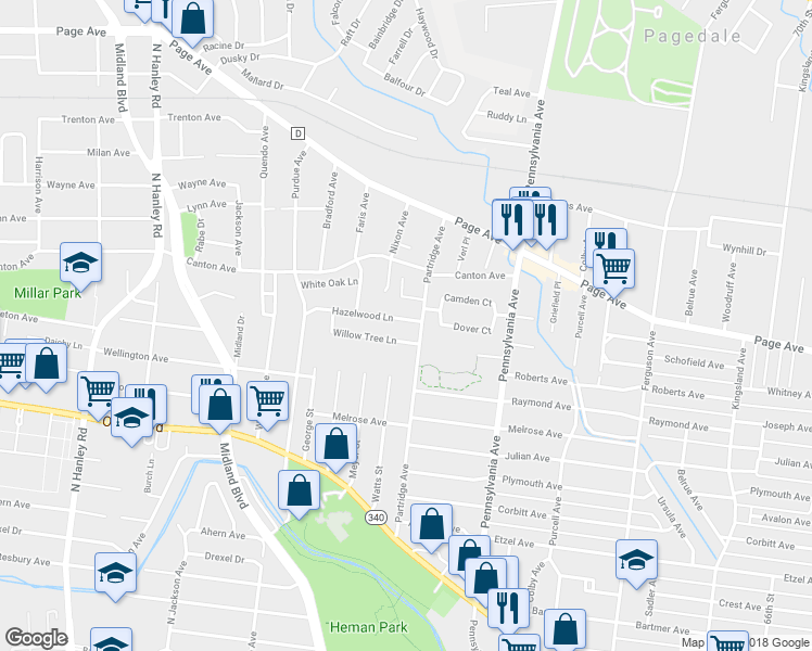 map of restaurants, bars, coffee shops, grocery stores, and more near 7110 Hazelwood Lane in St. Louis