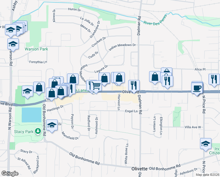 map of restaurants, bars, coffee shops, grocery stores, and more near 9473 Olive Boulevard in Olivette