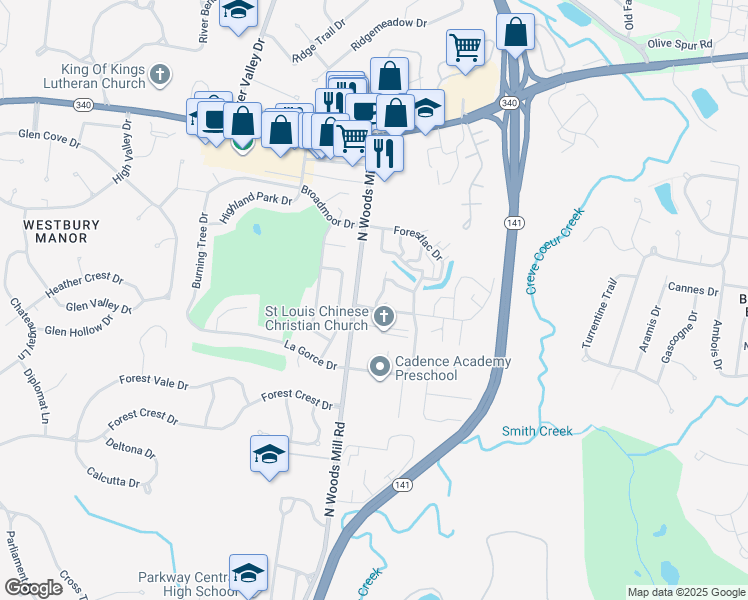 map of restaurants, bars, coffee shops, grocery stores, and more near 13467 Land O Woods Drive in Chesterfield
