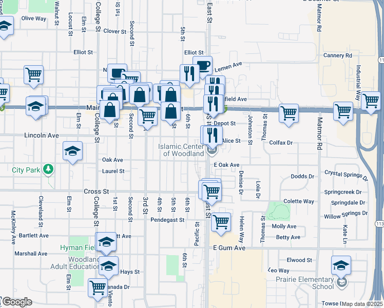 map of restaurants, bars, coffee shops, grocery stores, and more near 525 6th Street in Woodland