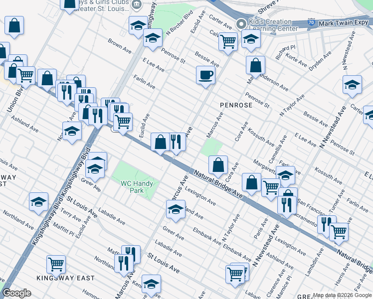 map of restaurants, bars, coffee shops, grocery stores, and more near 4729 Sacramento Avenue in St. Louis
