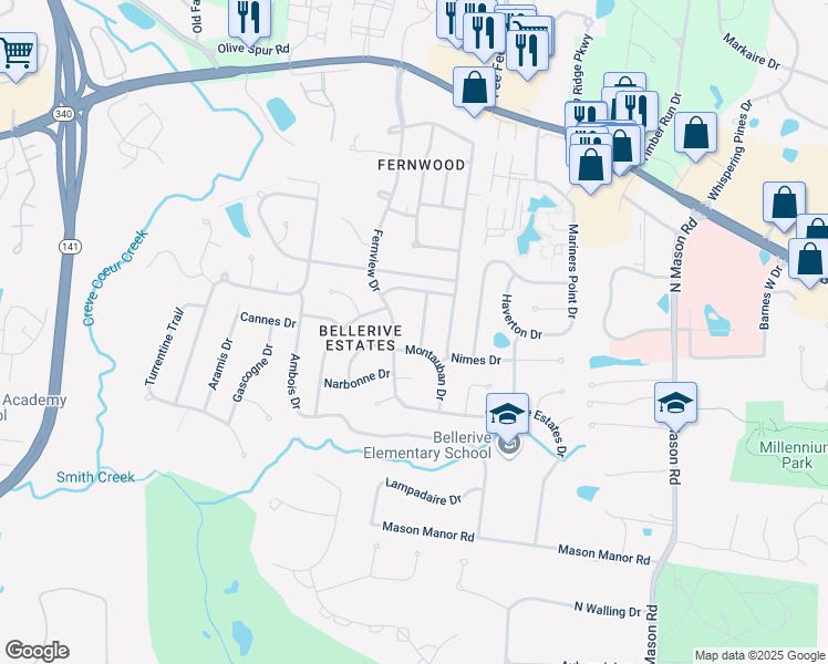 map of restaurants, bars, coffee shops, grocery stores, and more near 809 Ariege Drive in Creve Coeur