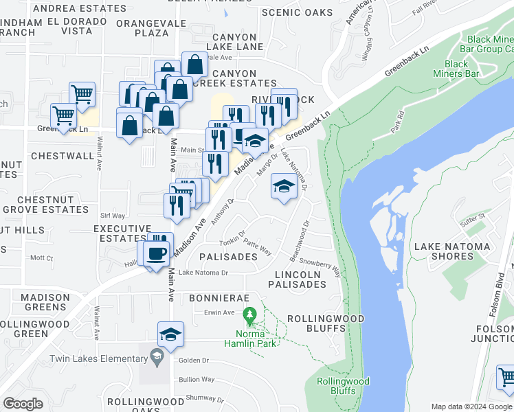 map of restaurants, bars, coffee shops, grocery stores, and more near 6041 Anthony Drive in Orangevale