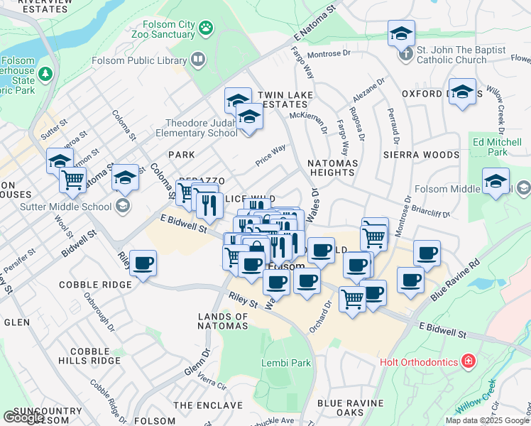 map of restaurants, bars, coffee shops, grocery stores, and more near 1110 School Street in Folsom