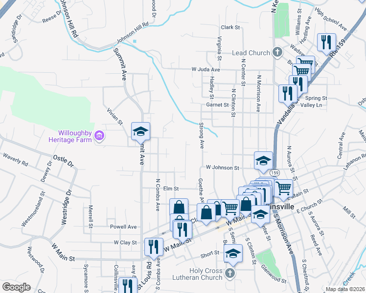 map of restaurants, bars, coffee shops, grocery stores, and more near 607 North Guernsey Street in Collinsville
