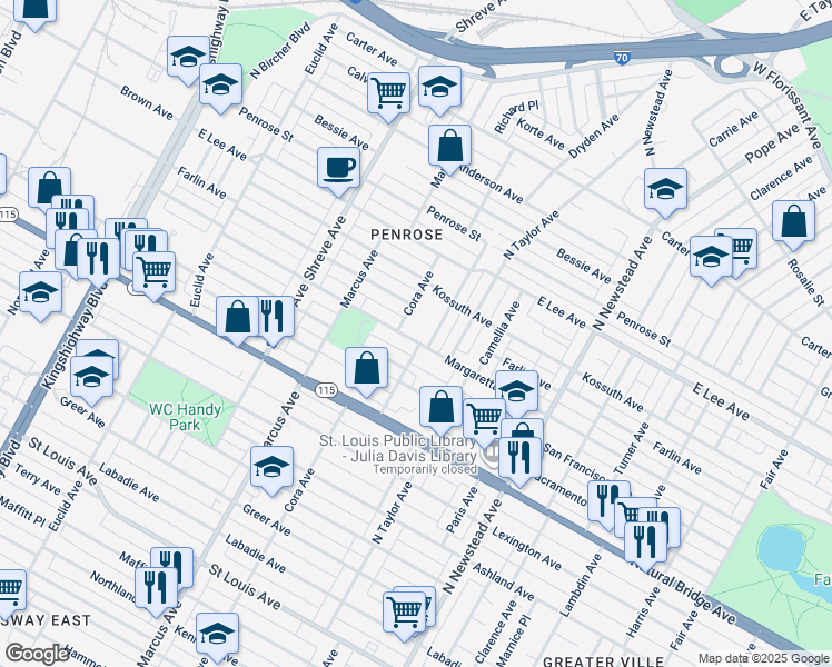 map of restaurants, bars, coffee shops, grocery stores, and more near 4605 Margaretta Avenue in St. Louis