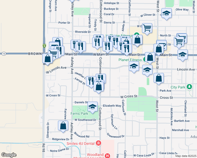 map of restaurants, bars, coffee shops, grocery stores, and more near 522 Cottonwood Street in Woodland