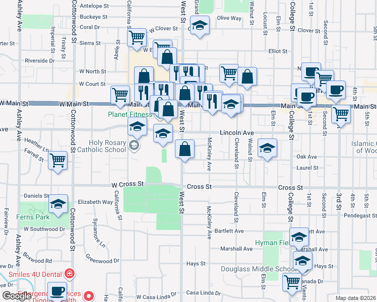 map of restaurants, bars, coffee shops, grocery stores, and more near 12 Jefferson Street in Woodland