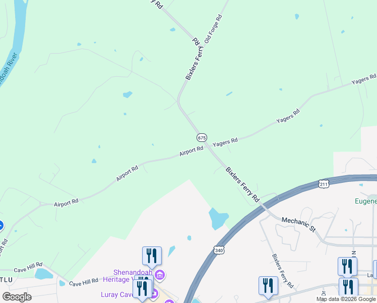 map of restaurants, bars, coffee shops, grocery stores, and more near 568 Airport Road in Luray