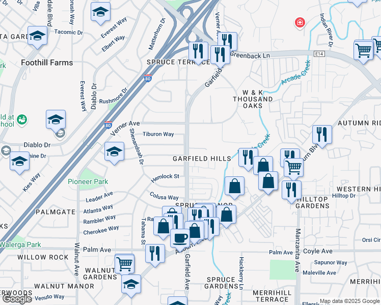 map of restaurants, bars, coffee shops, grocery stores, and more near 5932 Garfield Avenue in Sacramento