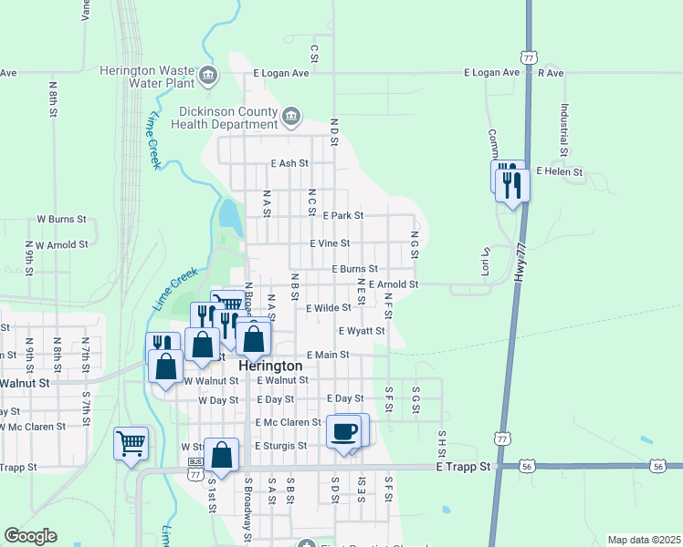 map of restaurants, bars, coffee shops, grocery stores, and more near 408 N D St in Herington