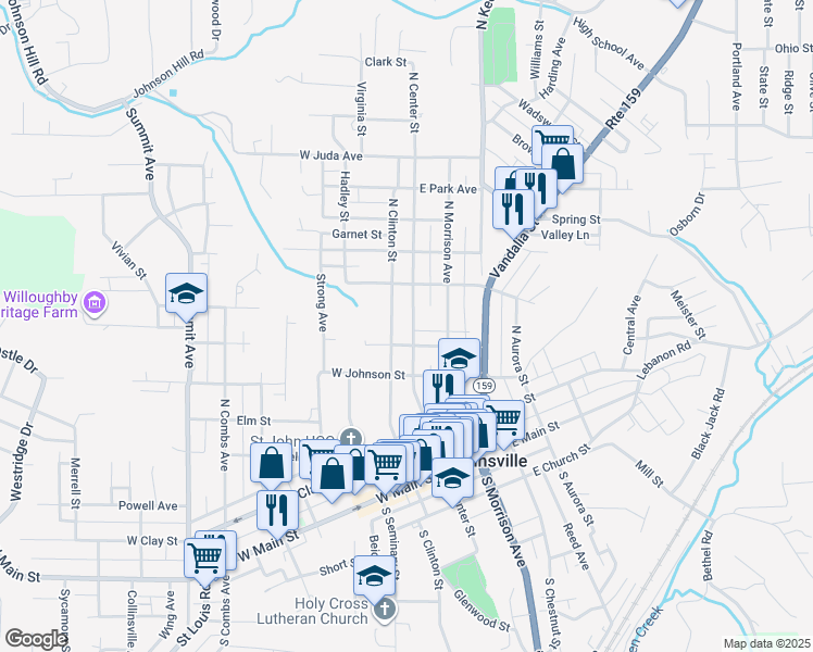 map of restaurants, bars, coffee shops, grocery stores, and more near 413 North Center Street in Collinsville