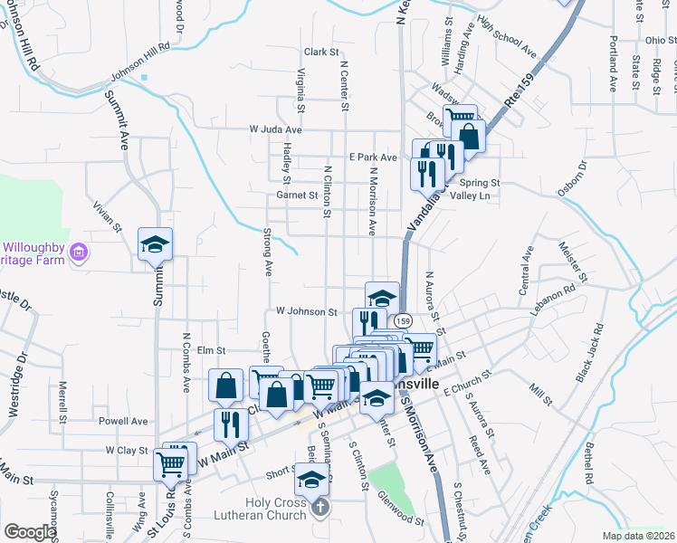 map of restaurants, bars, coffee shops, grocery stores, and more near 413 North Center Street in Collinsville