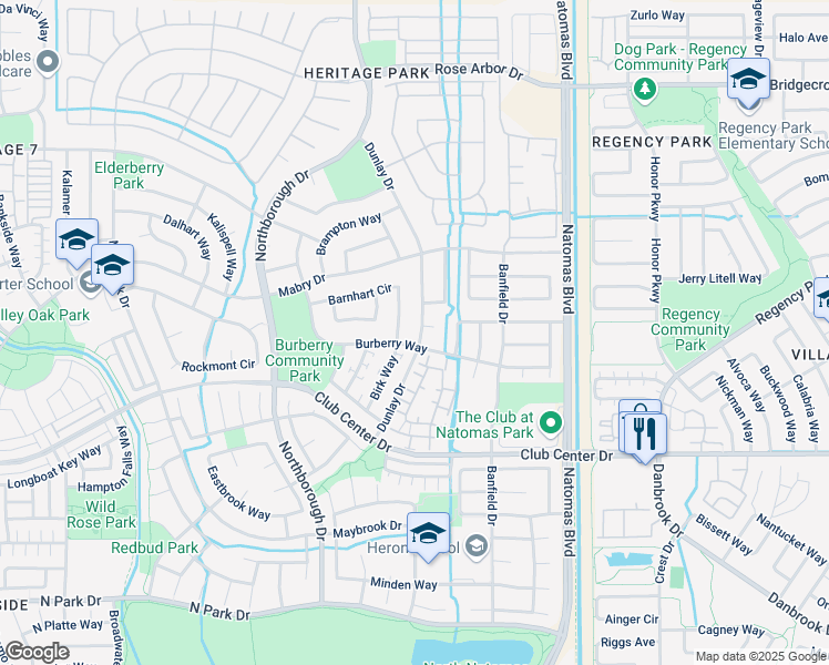 map of restaurants, bars, coffee shops, grocery stores, and more near 5413 Dunlay Drive in Sacramento