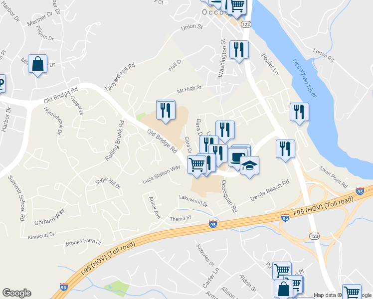 map of restaurants, bars, coffee shops, grocery stores, and more near 12828 Cara Drive in Woodbridge